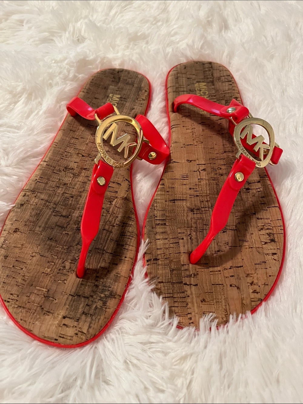 Michael Kors Red Patent Thong Sandals with Gold MK Emblem